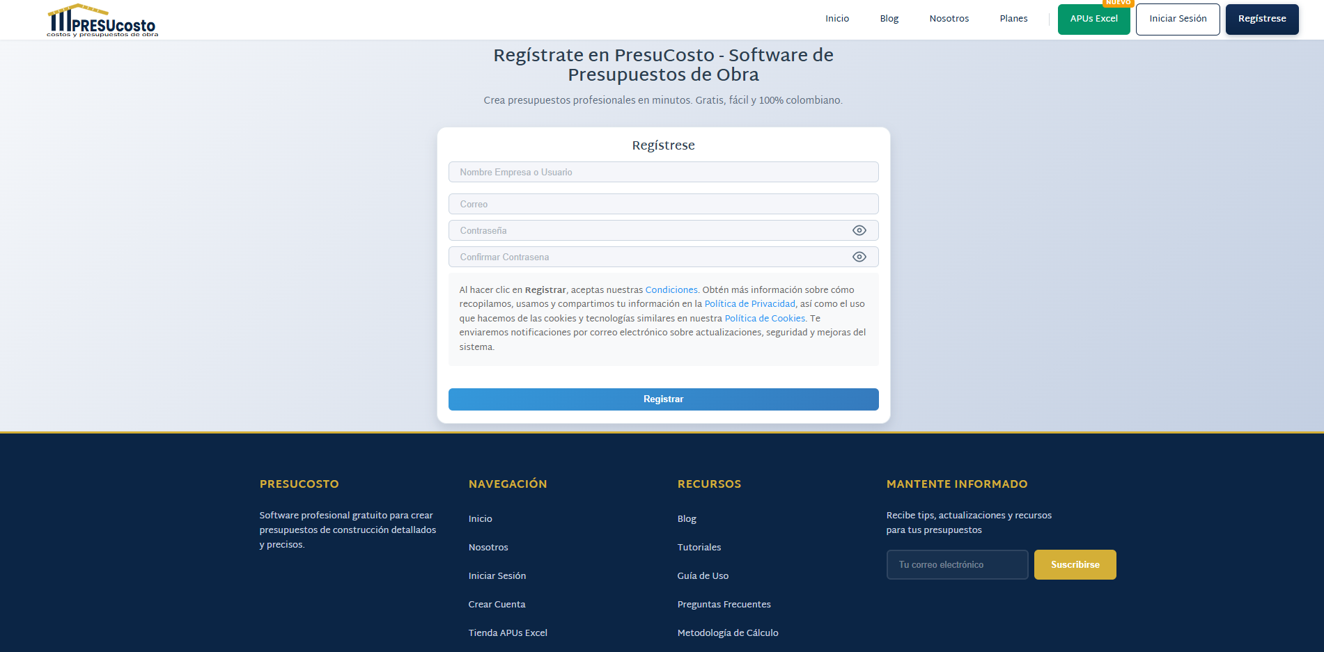Formulario de registro con los campos de nombre, correo, ciudad y contraseña